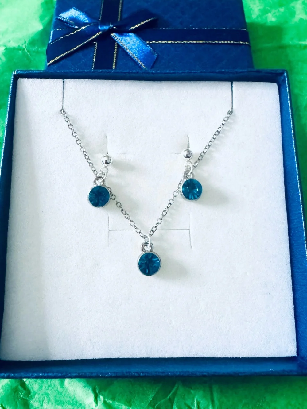 Blue Crystal Pendant Necklace and Earring Set - Women Jewelry